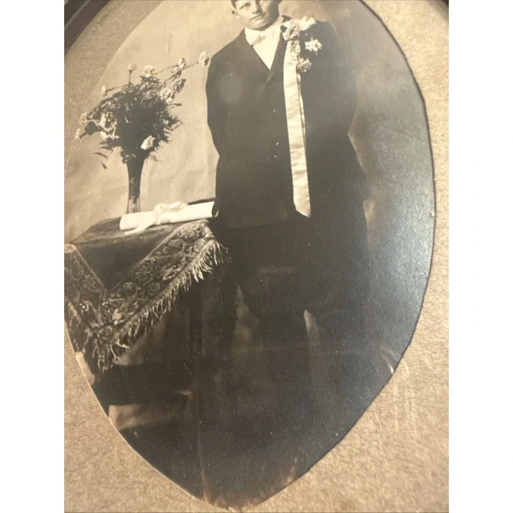 Antique Oval Sepia Picture Post Card Metal Frame Boy Man Suit Long Boutonnière